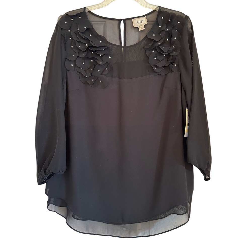 ECI NY Black Embellished Sheer Rhinestone Flower‎ Womens L Tunic Top Cruise New